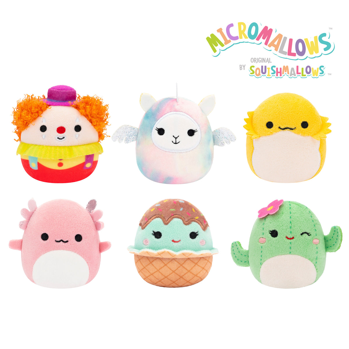 Micromallows 6-Pack – Archie Axolotl, Bimbi Clown, Lucy-May Llamapegacorn, Maritza Cactus, Maya Sundae, Rodry Bearded Dragon